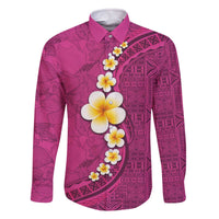 Polynesian Hibiscus and Plumeria with Tapa Pattern Family Matching Off The Shoulder Long Sleeve Dress and Hawaiian Shirt Pink Color