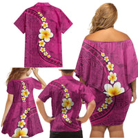 Polynesian Hibiscus and Plumeria with Tapa Pattern Family Matching Off Shoulder Short Dress and Hawaiian Shirt Pink Color