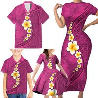 Polynesian Hibiscus and Plumeria with Tapa Pattern Family Matching Short Sleeve Bodycon Dress and Hawaiian Shirt Pink Color
