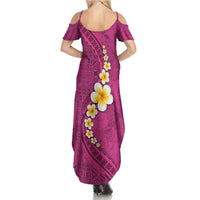Polynesian Hibiscus and Plumeria with Tapa Pattern Family Matching Summer Maxi Dress and Hawaiian Shirt Pink Color