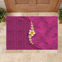 Polynesian Hibiscus and Plumeria with Tapa Pattern Rubber Doormat Pink Color