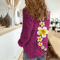 Polynesian Hibiscus and Plumeria with Tapa Pattern Women Casual Shirt Pink Color