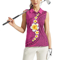 Polynesian Hibiscus and Plumeria with Tapa Pattern Women Sleeveless Polo Shirt Pink Color