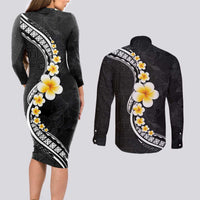 Pacific Hibiscus and Plumeria with Tapa Pattern Couples Matching Long Sleeve Bodycon Dress and Long Sleeve Button Shirt Black Color