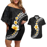 Pacific Hibiscus and Plumeria with Tapa Pattern Couples Matching Off Shoulder Short Dress and Hawaiian Shirt Black Color