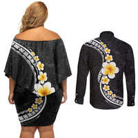 Pacific Hibiscus and Plumeria with Tapa Pattern Couples Matching Off Shoulder Short Dress and Long Sleeve Button Shirt Black Color LT03 - Polynesian Pride