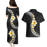 Pacific Hibiscus and Plumeria with Tapa Pattern Couples Matching Puletasi and Hawaiian Shirt Black Color