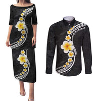 Pacific Hibiscus and Plumeria with Tapa Pattern Couples Matching Puletasi and Long Sleeve Button Shirt Black Color LT03 Black - Polynesian Pride