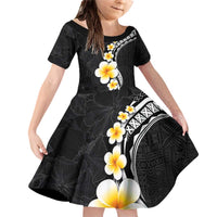 Pacific Hibiscus and Plumeria with Tapa Pattern Family Matching Off Shoulder Short Dress and Hawaiian Shirt Black Color