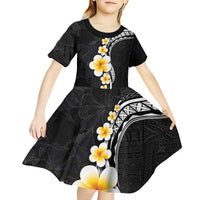 Pacific Hibiscus and Plumeria with Tapa Pattern Kid Short Sleeve Dress Black Color