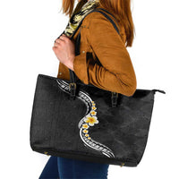 Pacific Hibiscus and Plumeria with Tapa Pattern Leather Tote Bag Black Color LT03 Black - Polynesian Pride