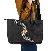 Pacific Hibiscus and Plumeria with Tapa Pattern Leather Tote Bag Black Color LT03 - Polynesian Pride