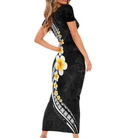 Pacific Hibiscus and Plumeria with Tapa Pattern Short Sleeve Bodycon Dress Black Color