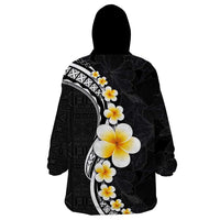 Pacific Hibiscus and Plumeria with Tapa Pattern Wearable Blanket Hoodie Black Color LT03 - Polynesian Pride