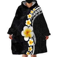Pacific Hibiscus and Plumeria with Tapa Pattern Wearable Blanket Hoodie Black Color LT03 - Polynesian Pride