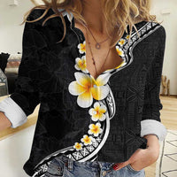 Pacific Hibiscus and Plumeria with Tapa Pattern Women Casual Shirt Black Color