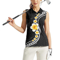 Pacific Hibiscus and Plumeria with Tapa Pattern Women Sleeveless Polo Shirt Black Color