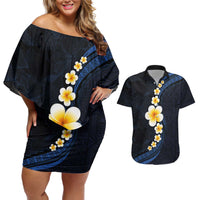 Pacific Hibiscus and Plumeria with Tapa Pattern Couples Matching Off Shoulder Short Dress and Hawaiian Shirt Dark Blue Color