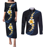 Pacific Hibiscus and Plumeria with Tapa Pattern Couples Matching Puletasi and Long Sleeve Button Shirt Dark Blue Color LT03 Blue - Polynesian Pride