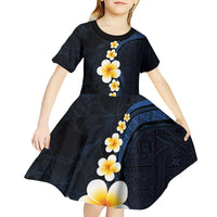 Pacific Hibiscus and Plumeria with Tapa Pattern Kid Short Sleeve Dress Dark Blue Color