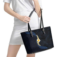 Pacific Hibiscus and Plumeria with Tapa Pattern Leather Tote Bag Dark Blue Color LT03 - Polynesian Pride