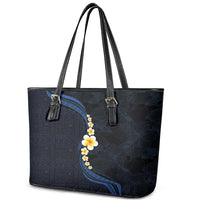 Pacific Hibiscus and Plumeria with Tapa Pattern Leather Tote Bag Dark Blue Color LT03 - Polynesian Pride