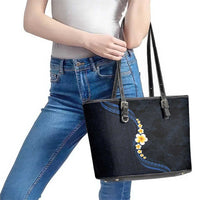 Pacific Hibiscus and Plumeria with Tapa Pattern Leather Tote Bag Dark Blue Color LT03 - Polynesian Pride