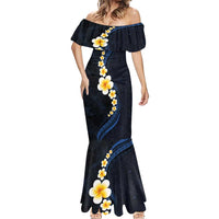 Pacific Hibiscus and Plumeria with Tapa Pattern Mermaid Dress Dark Blue Color