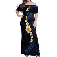 Pacific Hibiscus and Plumeria with Tapa Pattern Off Shoulder Maxi Dress Dark Blue Color LT03 Women Blue - Polynesian Pride