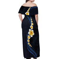 Pacific Hibiscus and Plumeria with Tapa Pattern Off Shoulder Maxi Dress Dark Blue Color LT03 - Polynesian Pride