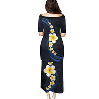 Pacific Hibiscus and Plumeria with Tapa Pattern Puletasi Dark Blue Color LT03 - Polynesian Pride