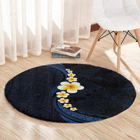 Pacific Hibiscus and Plumeria with Tapa Pattern Round Carpet Dark Blue Color