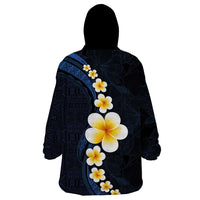 Pacific Hibiscus and Plumeria with Tapa Pattern Wearable Blanket Hoodie Dark Blue Color LT03 - Polynesian Pride