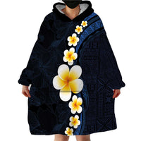Pacific Hibiscus and Plumeria with Tapa Pattern Wearable Blanket Hoodie Dark Blue Color LT03 - Polynesian Pride