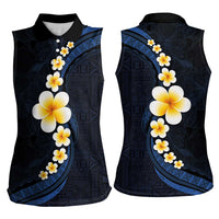 Pacific Hibiscus and Plumeria with Tapa Pattern Women Sleeveless Polo Shirt Dark Blue Color