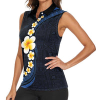 Pacific Hibiscus and Plumeria with Tapa Pattern Women Sleeveless Polo Shirt Dark Blue Color