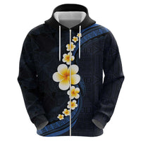 Pacific Hibiscus and Plumeria with Tapa Pattern Zip Hoodie Dark Blue Color