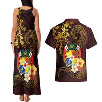 Tonga Ngatu and Hibiscus with Polynesian Tattoo Couples Matching Tank Maxi Dress and Hawaiian Shirt Gold and Oxblood Color