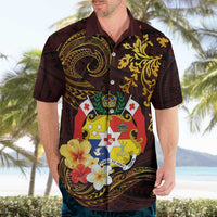Tonga Ngatu and Hibiscus with Polynesian Tattoo Hawaiian Shirt Gold and Oxblood Color