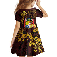 Tonga Ngatu and Hibiscus with Polynesian Tattoo Kid Short Sleeve Dress Gold and Oxblood Color LT03 - Polynesian Pride