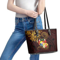 Tonga Ngatu and Hibiscus with Polynesian Tattoo Leather Tote Bag Gold and Oxblood Color LT03 - Polynesian Pride