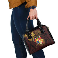 Tonga Ngatu and Hibiscus with Polynesian Tattoo Shoulder Handbag Gold and Oxblood Color LT03 - Polynesian Pride
