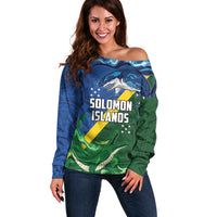 Solomon Islands Polynesian Tribal Shark and Crocodile Off Shoulder Sweater LT03 Women Blue - Polynesian Pride