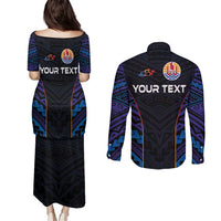 Personalised Tahiti Triathlon Polynesian Pattern Couples Matching Puletasi and Long Sleeve Button Shirt