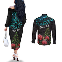 Personalized New Zealand Christmas Couples Matching Off The Shoulder Long Sleeve Dress and Long Sleeve Button Shirt Maori Santa Pikorua and Pohutukawa Meri Kirihimete LT03 - Polynesian Pride