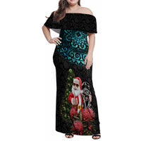 Personalized New Zealand Christmas Family Matching Off Shoulder Maxi Dress and Hawaiian Shirt Maori Santa Pikorua and Pohutukawa Meri Kirihimete LT03 Mom's Dress Black - Polynesian Pride