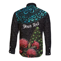 Personalized New Zealand Christmas Long Sleeve Button Shirt Maori Santa Pikorua and Pohutukawa Meri Kirihimete LT03 - Polynesian Pride