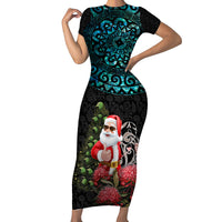 Personalized New Zealand Christmas Short Sleeve Bodycon Dress Maori Santa Pikorua and Pohutukawa Meri Kirihimete LT03 Long Dress Black - Polynesian Pride