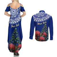Personalized New Zealand Christmas Couples Matching Summer Maxi Dress and Long Sleeve Button Shirt Maori Santa Pikorua and Pohutukawa Meri Kirihimete Blue LT03 - Polynesian Pride