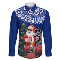 Personalized New Zealand Christmas Family Matching Long Sleeve Bodycon Dress and Hawaiian Shirt Maori Santa Pikorua and Pohutukawa Meri Kirihimete Blue LT03 Dad's Shirt - Long Sleeve Blue - Polynesian Pride